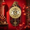A golden deer-shaped decorative wall clock with a redwood base, a round shell-patterned dial, and Chinese "Fu" character tassels Specification image